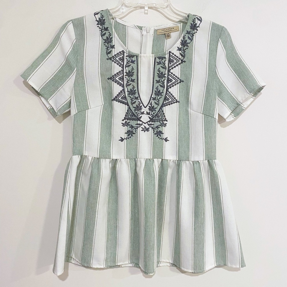 Polagram | Embroidered Peplum Top Stripes Green White Size Small